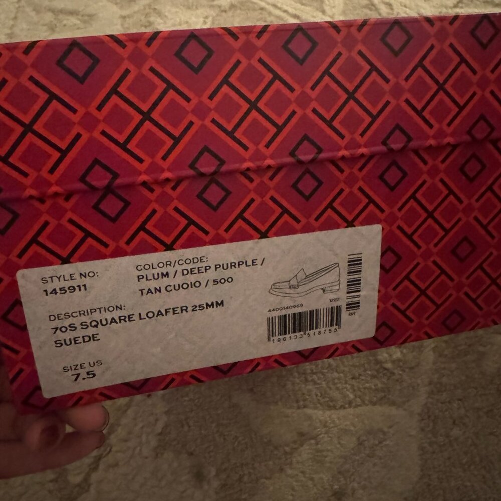 TORY BURCH 70s Square Toe Loafer In Plum/deep Purple/tan Cuoio size 7.5 - Picture 5 of 10